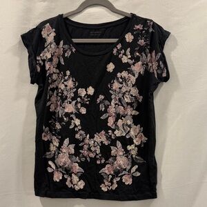 All Saints Black and Pink Floral Short Sleeve Top
